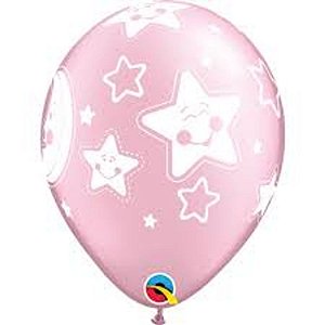 Balão Qualatex 11" - Redondo Rosa Perolado - Lua E Estrelas Bebês - 50 Un