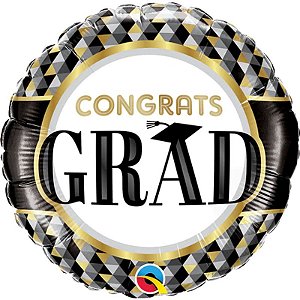 Balão Qualatex 09" - Redondo Solto - Congrats Grad-Ouro E Preto - 1 Un