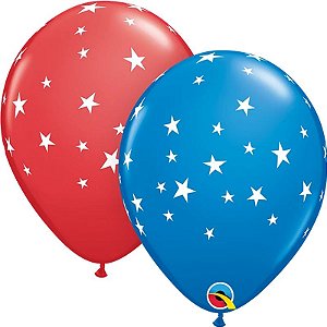 Balão Qualatex 11" Redondo Estrelas Contemporaneas Azul e Vermelho - 50 Un
