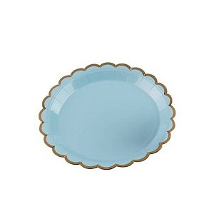 Prato Papel Azul Bebê com Borda Dourada - 10 Unidade