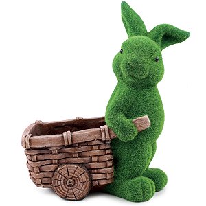 Coelho Decorativo de Fibra com Carriola Verde Mesh 37cm - 1 Un