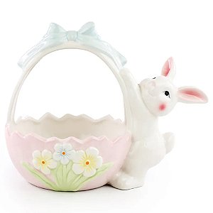 Coelho Decorativo de Cerâmica Cesta Florida com Alça 17,5x19,5x12cm - 1 Un