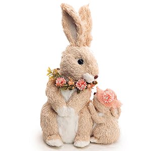 Coelha Decorativa de Palha Sentada com Filhote Brisa 30cm - 1 Un
