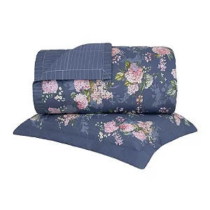 Colcha Casal Percal 180 Fios Buddemeyer Hortênsias 100% Algodão Penteado