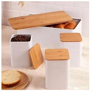 Conjunto Porta Pão E 3 Potes Multiuso De Metal e Tampa Bambu Café Açúcar Chá