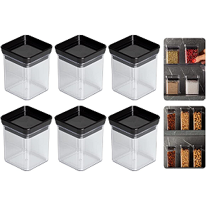 Kit 6 Mini Potes Hermético Empilhável Cozinha Temperos 180 ml, Paramount Cor:Preto