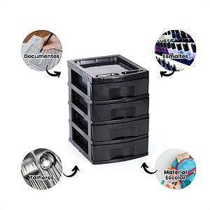 Gaveteiro Organizador Prático C/ 4 Gavetas Baixa Preto 44 Cm