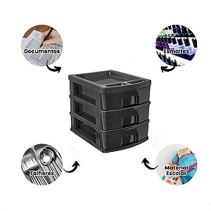 Gaveteiro Organizador Prático Com 3 Gavetas Baixa Preto 34cm