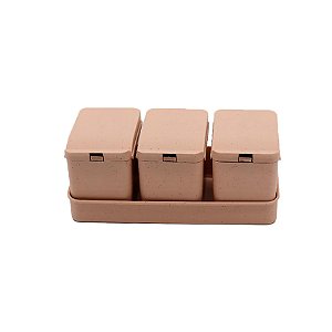 Kit 3 Porta Temperos de Bambu C/ Colher e Bandeja Lines Rosa 5210 Lyor