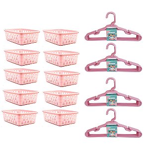 Kit 10 Cestos Organizador Pequeno Rosa + 20 Cabides Infantil 123Organizei