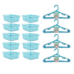 Kit 10 Cestos Organizador Azul + 20 Cabides Infantil Azul