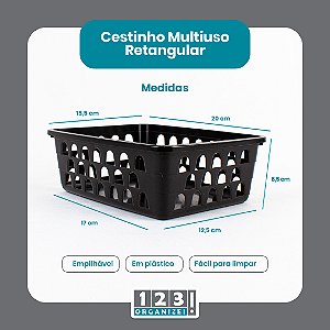 Cesto Multiuso Organizador Médio  20x15,5x6,5Cm Preto 123Organizei