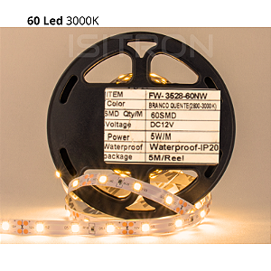Fita 60 Led 3528 Branco Quente 3000k Dupla Face IP20 Sem Silicone 5 Metros