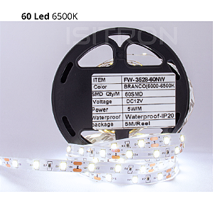 Fita 60 Led 3528 Branco Frio 6500k Dupla Face IP20 Sem Silicone 5 Metros