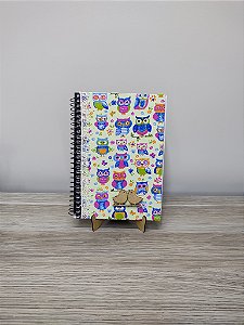 Caderno Personalizado espiral 80 folhas tecido de corujinhas e aplique MDF pássaros.