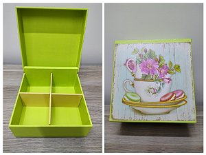 Caixa de chá verde com quatro divisórias decorada com decoupage xícara.