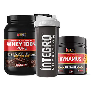 Whey 100% Chocolate 900g + Pré-Treino Dynamus 250g + Coqueteleira (BRINDE)