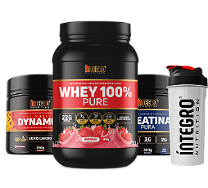 Whey 100% Morango 900g + Creatina Pura 300g + Pré Treino Dynamus + Coqueteleira (BRINDE)