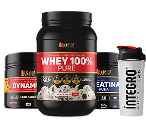 Whey 100% Cookies n' Creams 900g + Pré Treino Dynamus 250g + Creatina Pura 300g + Coqueteleira (BRINDE)