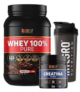 Whey 100% Chocolate 900g + Creatina Pura 150g + 1X Coqueteleira (Brinde)