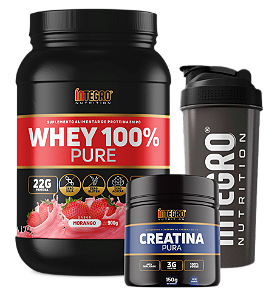 Whey 100% Morango 900g + Creatina Pura 150g + 1x Coqueteleira (Brinde)