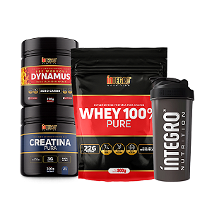 Whey 100% 900g Refil + Pré Treino Dynamus 250g + Creatina 300g + Coqueteleira 600ml