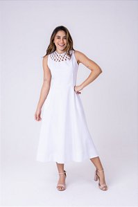 Vestido midi em alfaiataria com pala trançada