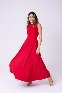 Vestido longuete em alfaiataria com pala trançada