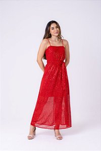 Vestido longuete de paetê com forro e faixa.