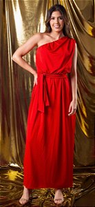 Vestido de malha Jersey longo em um ombro e com faixa.