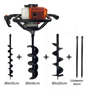 Perfurador de solo a gasolina 52cc com broca 80x20cm, 80x15cm, 80x10cm e 2pc extensor 60cm Marca Tssaper Modelo PS52CC-1