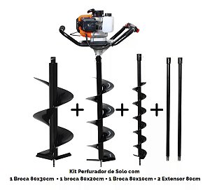 Perfurador de solo a gasolina 52cc com broca 80x20cm, 80x30cm, 80x10cm e 2pc extensor 80cm Marca Tssaper Modelo PS52CC-4