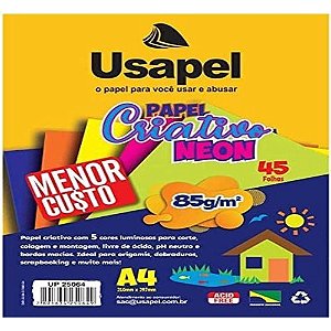 Bloco Papel Criativo 5 Cores Neon 85G/M2 A4 45 Folhas Usapel