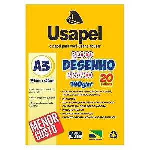 Bloco de Desenho A3 Branco 120G 20 Folhas Usapel