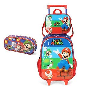 Kit Mochila com Rodas + Lancheira + Porta Lapis Super Mario Vermelha Luxcel