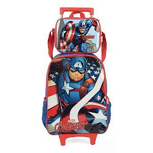 Mochila com Rodinha + Lancheira + Estojo Avengers Capitao America Vermelha