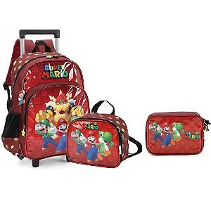 Kit Mochila + Lancheira + Porta Lapis Super Mario Vinho Luxcel