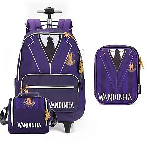 Kit Mochila com Rodas + Lancheira + Porta Lapis Wandinha Roxa Luxcel