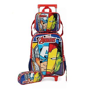 Kit Mochila com Rodas + Lancheira + Porta Lapis Avengers Azul Luxcel
