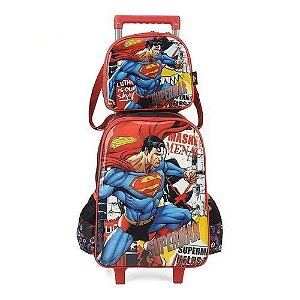Kit Mochila de Rodinhas + Lancheira Super Man Preto Luxcel