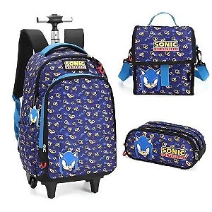 Kit Mochila com Rodas + Porta Lapis Sonic Azul Luxcel