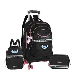Kit Mochila c/ Rodas + Lanch + Estojo Mc50082sc-pt Stitch Preta Luxcel