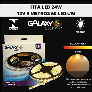 Fita LED 4,8W/M 24W 12V 5 metros IP20 3000K branco quente.