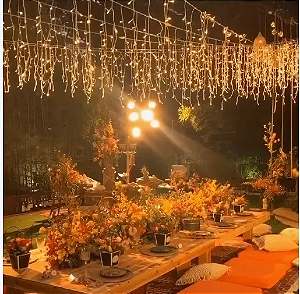 Cascata com 350 LEDs Branco Quente fio verde com memória 8 funções 10 metros uso externo IP44 bivolt.