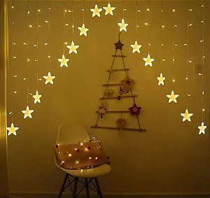 Cortina com 224 LEDs Branco quente fio de Fada com estrela na ponta 3m x 1,2m bivolt.