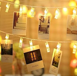 Cordão Led Pregador 10 LEDS Varal Para Fotos Branco quente a pilha.