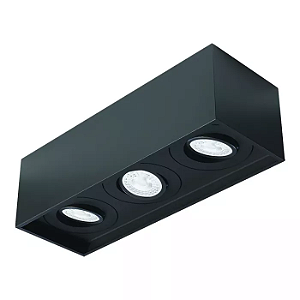 Spot de Sobrepor Sura Face Recuada Retangular Triplo Dicroica PAR16 9x31,5x10,9cm Alumínio Preto Fosco.