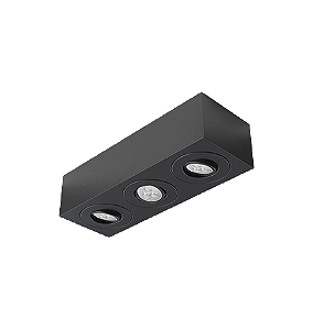 Spot de Sobrepor Sura Face Plana Retangular Triplo Mini Dicroica 6,3x25,3x8,8cm Alumínio Preto Fosco.