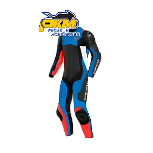 Macacão Para Motociclista Dainese Pro Assen 2 -1 Peça Preto/Azul-Claro/Vermelho-Fluoresente