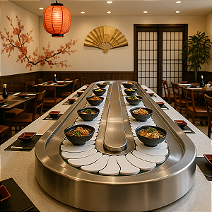 Esteira transportadora de sushi 8 metros - estrutura em aço inox para restaurantes